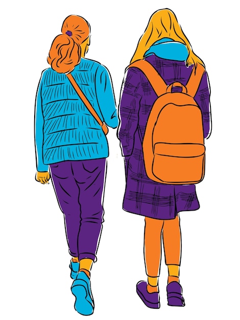 Dibujo de chicas estudiantes yendo por la calle vectorial