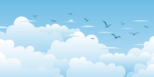 Dibujo del cielo con nubes blancas bandada de pájaros ilustración de dibujos animados fondo natural