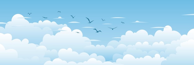 Dibujo del cielo con nubes blancas bandada de pájaros ilustración de dibujos animados fondo natural