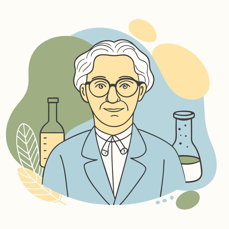 Vector un dibujo de un científico con una botella de compuesto químico en el fondo