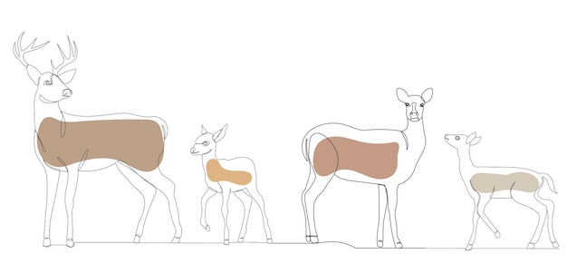 Dibujo de ciervos y cervatillos por una línea continua, vector