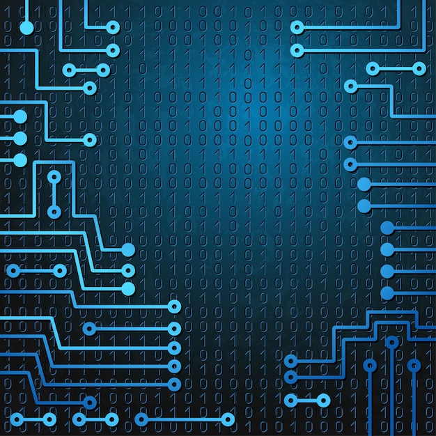 Dibujo circuito electrónico moderno y código binario sobre fondo azul grungy