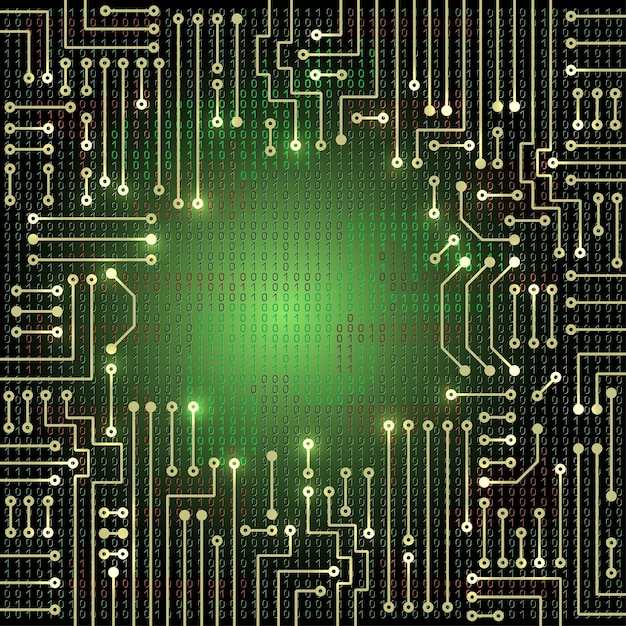 Dibujo de circuito electrónico moderno y código binario sobre fondo azul sucio