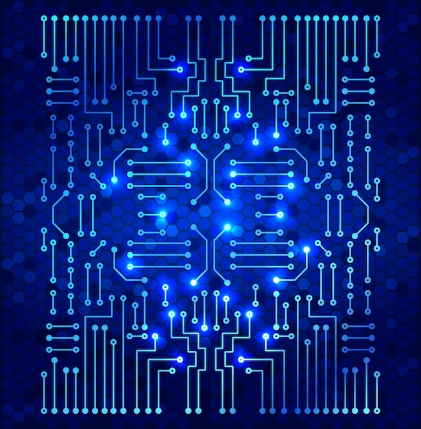 Vector dibujo de circuito electrónico moderno en el patrón de células y fondo azul brillante