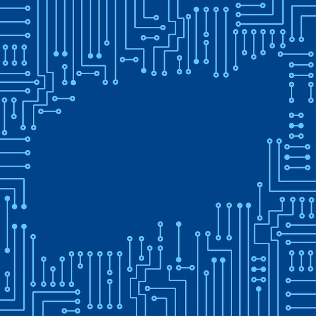 Vector dibujo circuito electrónico moderno sobre fondo azul.