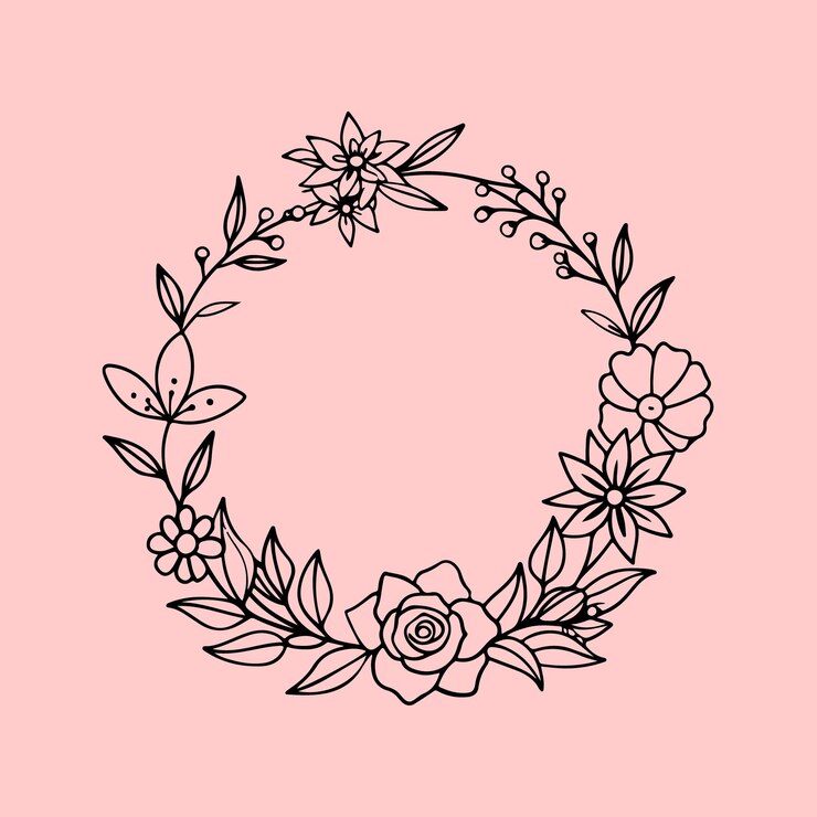 Vector un dibujo circular en blanco y negro de una corona floral