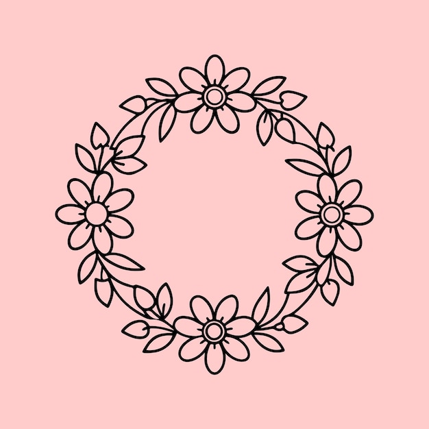 Un dibujo circular en blanco y negro de una corona floral
