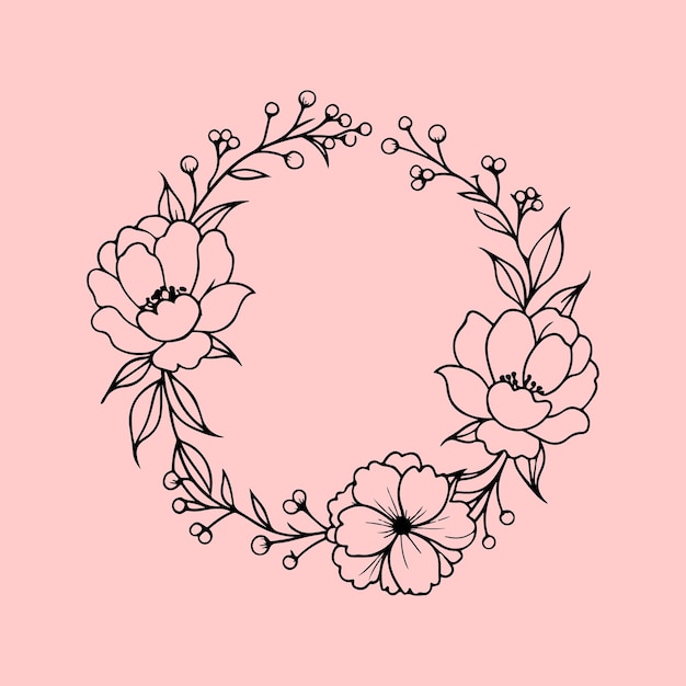 Un dibujo circular en blanco y negro de una corona floral