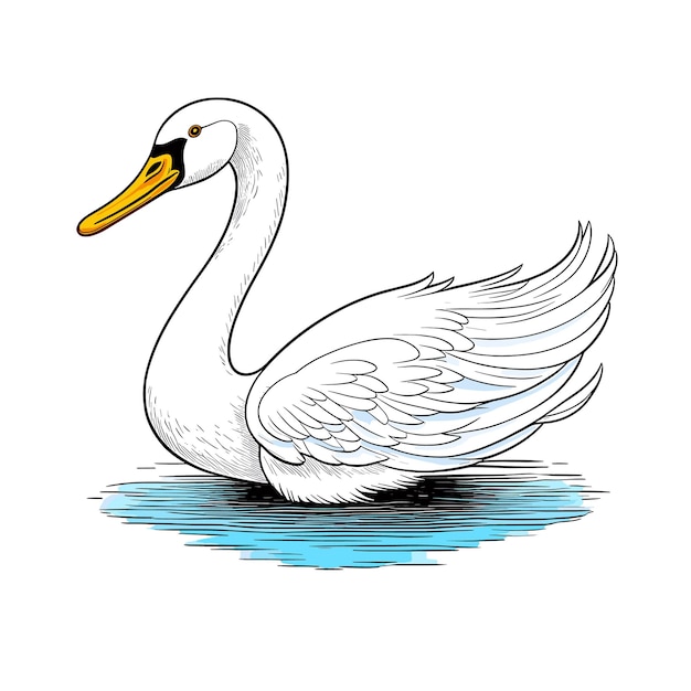 un dibujo de un cisne en el agua con un dibujado de un pato