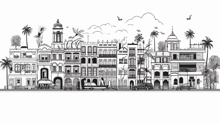 un dibujo de una ciudad con un pájaro volando por encima de ella