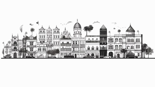 un dibujo de una ciudad con un pájaro volando por encima de ella