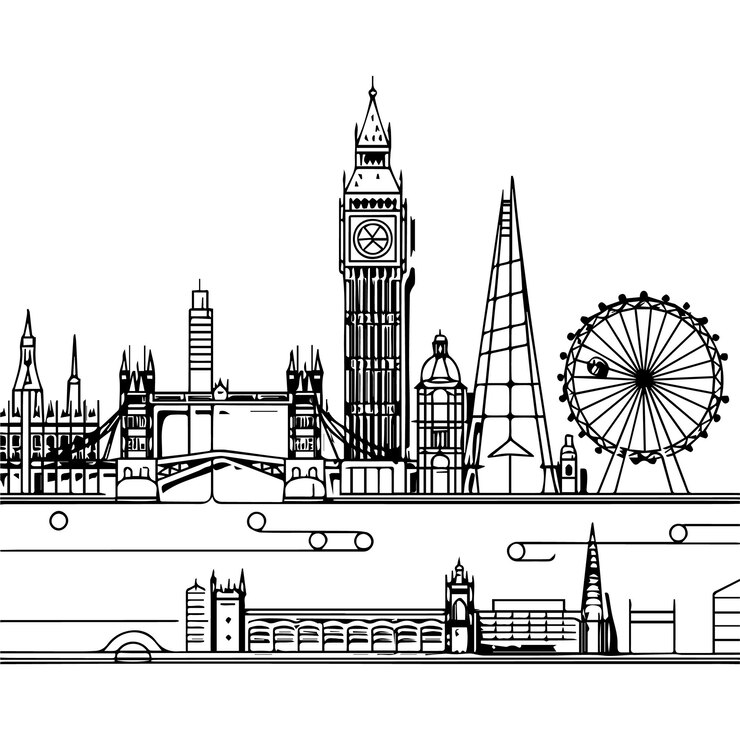 un dibujo de una ciudad con un reloj en él