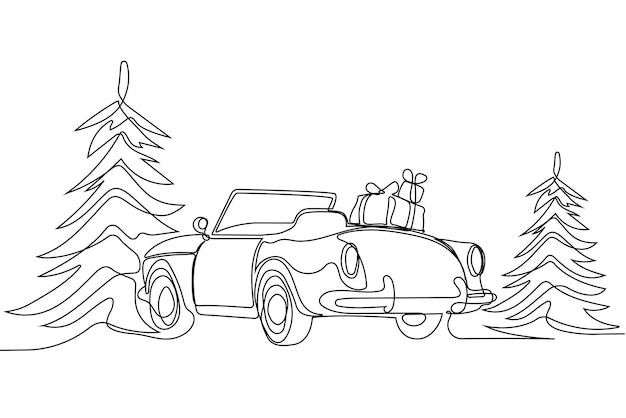 un dibujo de un coche con un árbol de Navidad en el fondo