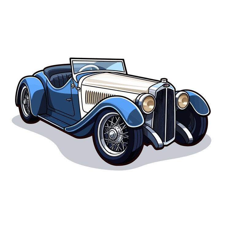 Vector un dibujo de un coche azul con el frente mirando a la cámara.