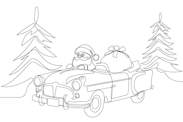 un dibujo de un coche con un Santa en la espalda y un sombrero de Santa en el coche