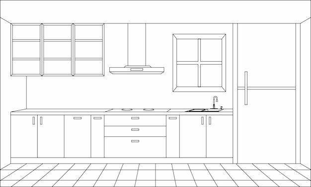 un dibujo de una cocina con un dibujo blanco de una cocina