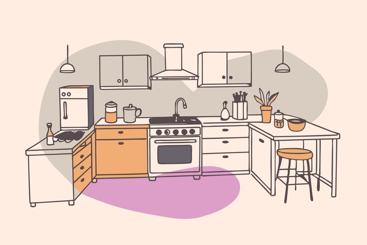un dibujo de una cocina con un horno de estufa y estufa