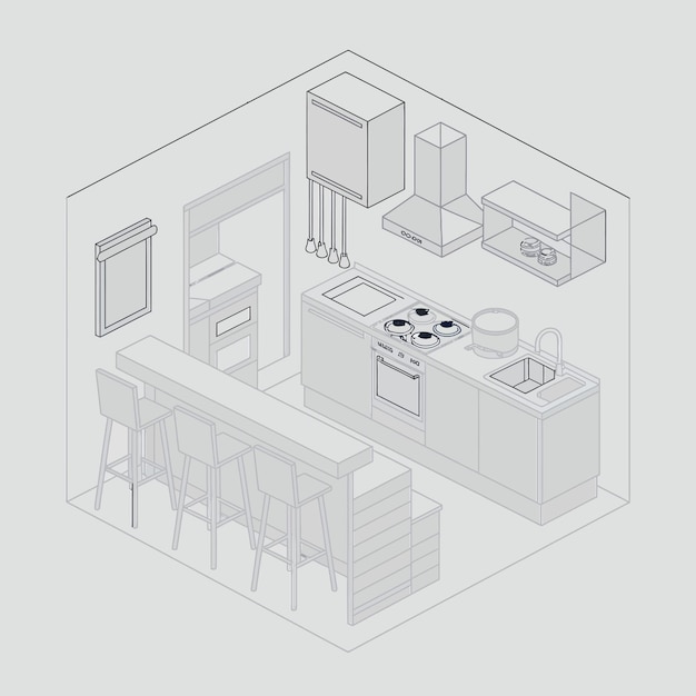 un dibujo de una cocina con una mesa y sillas