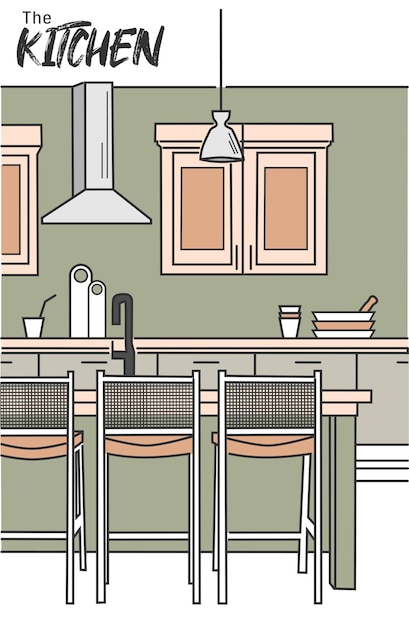 Un dibujo de una cocina con mesa y sillas.