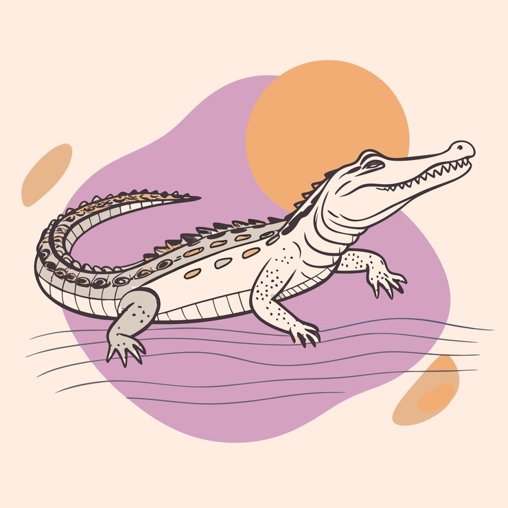 Vector un dibujo de un cocodrilo con un fondo naranja con el sol detrás de él