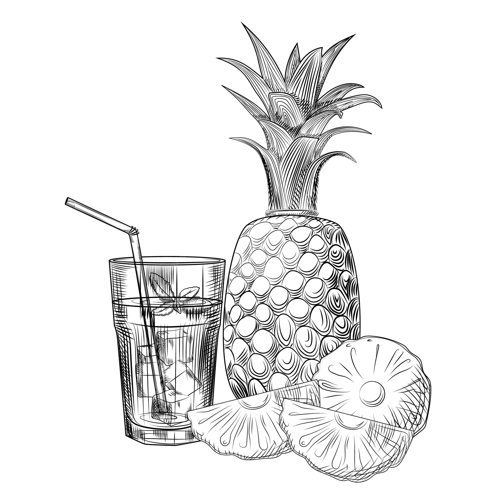 Dibujo de cóctel de frutas de piña. rodajas de piña. | Vector Premium