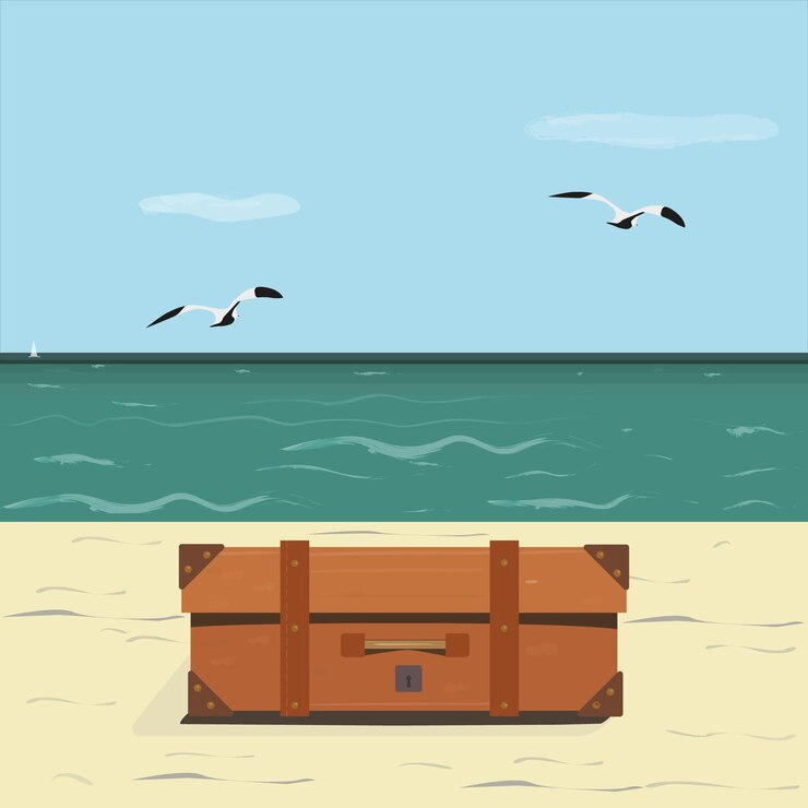 Vector un dibujo de un cofre en una playa con un mar de fondo.