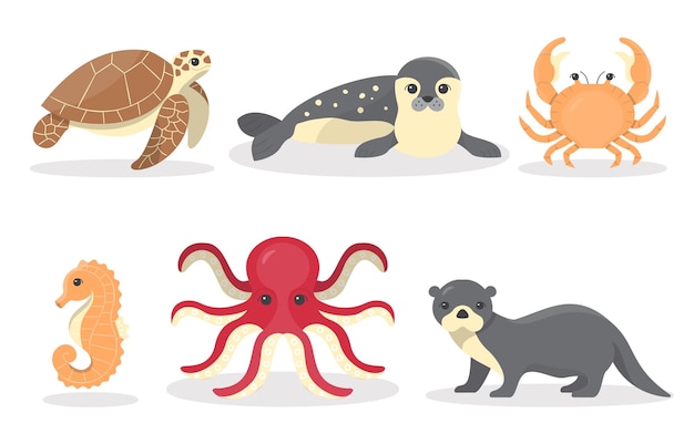 Dibujo de colección de animales en el mar con foca de tortuga, cangrejo, caballito de mar, calamar y pez espada en la ilustración de vector de estilo de dibujos animados