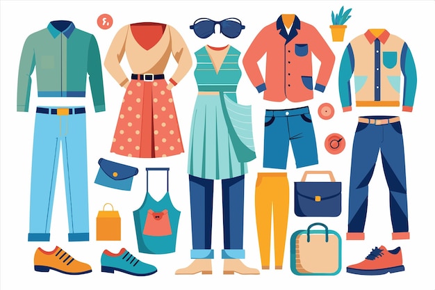un dibujo de una colección de moda de ropa que incluye un hombre y una mujer