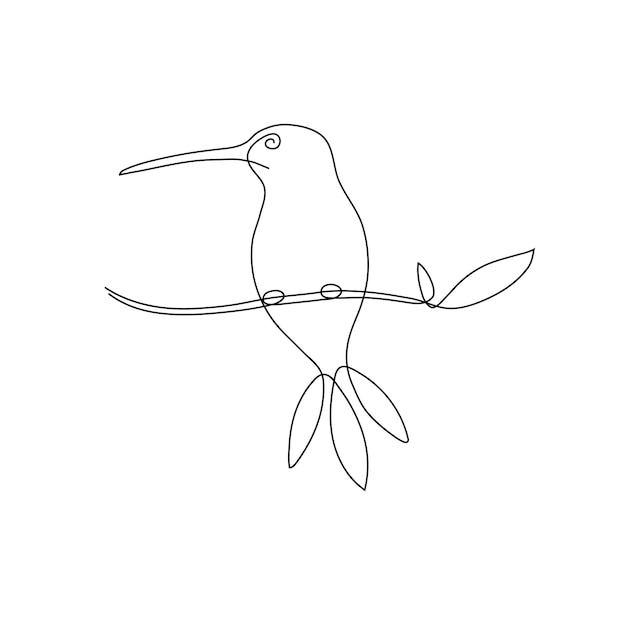 Dibujo de colibrí con flor una línea continua para logotipo y diseño gráfico Pequeño hermoso pájaro veloz aislado sobre fondo blanco Ilustración vectorial