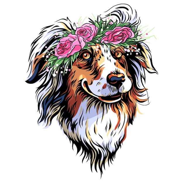 Dibujo a color de perro de raza pastor australiano en corona de flores
