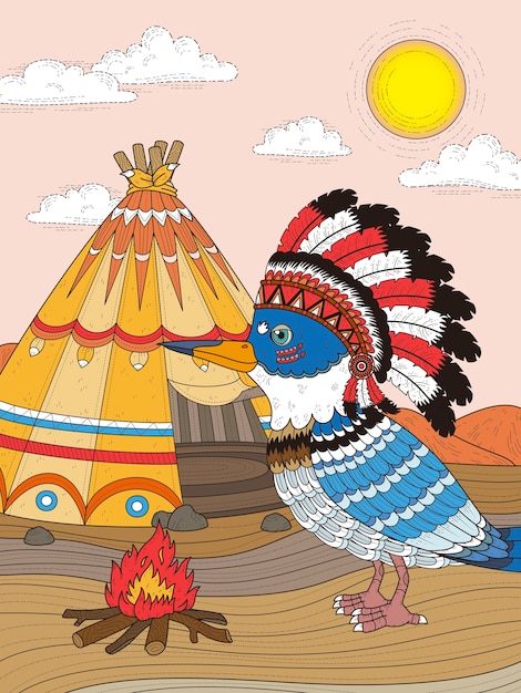 Vector dibujo para colorear adulto pájaro indio con su sombrero