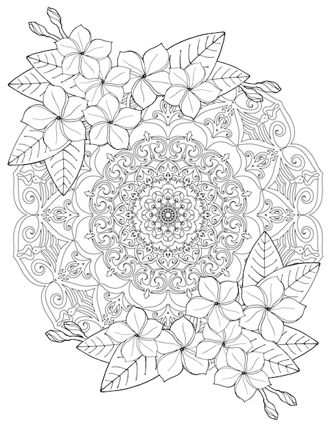 Dibujo para colorear para adultos mandala y flores tropicales.