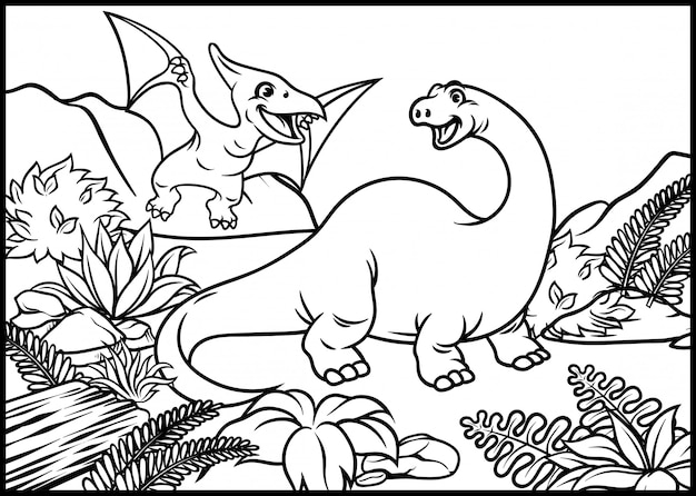 Dibujo para colorear de brontosaurio y pterodáctilo