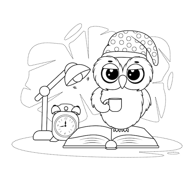 Dibujo para colorear Búho con gorro de dormir con una taza, un libro y una lámpara de mesa