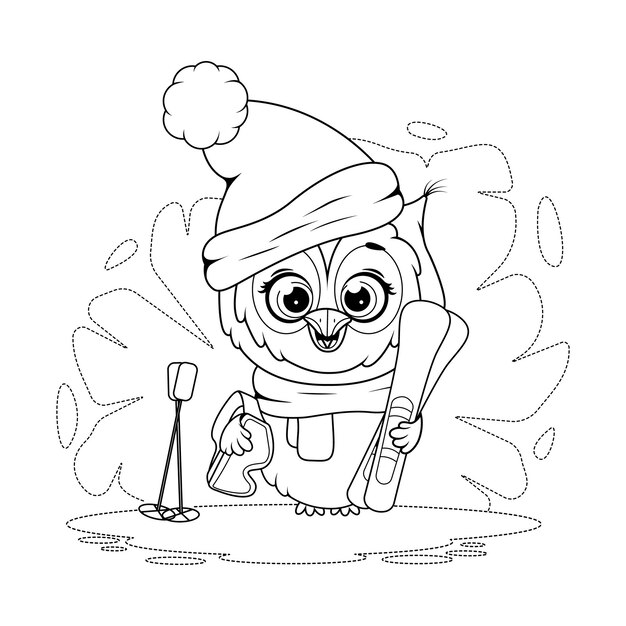 Dibujo para colorear Búho lindo de dibujos animados con esquís