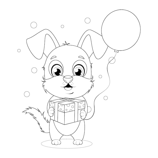 Dibujo para colorear cachorro alegre con una caja de regalo y un globo