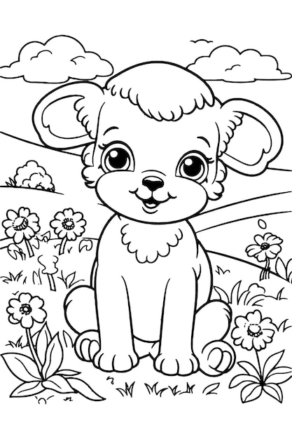 Vector dibujo para colorear de un cachorro con la imagen de un perro y flores.