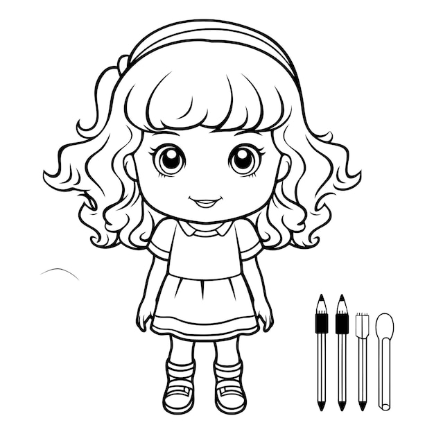 Vector dibujo para colorear de la caricatura la niña con lápices