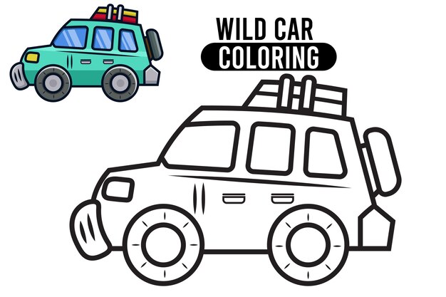 Vector dibujo para colorear contorno de coche salvaje de dibujos animados libro de colorear para niños ilustración vectorial de contorno