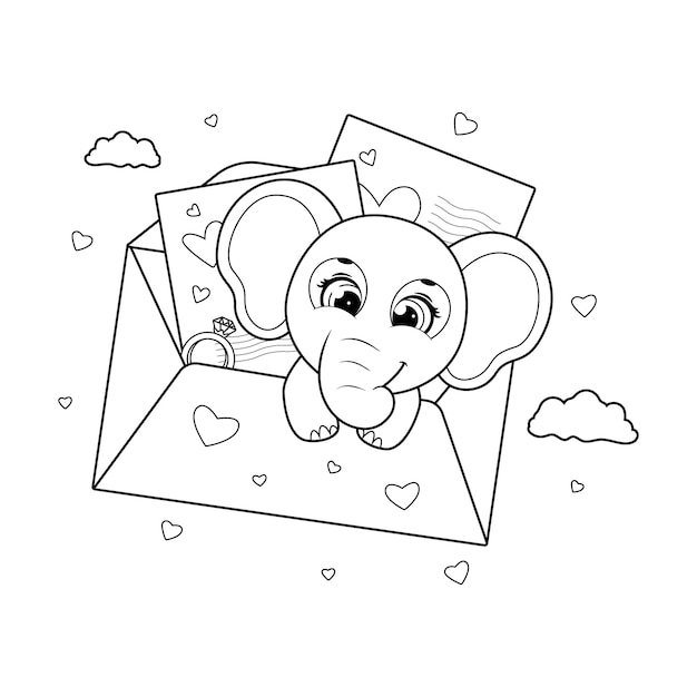 Dibujo para colorear Elefante en un sobre Cásate conmigo con cartas de amor y un anillo de diamantes