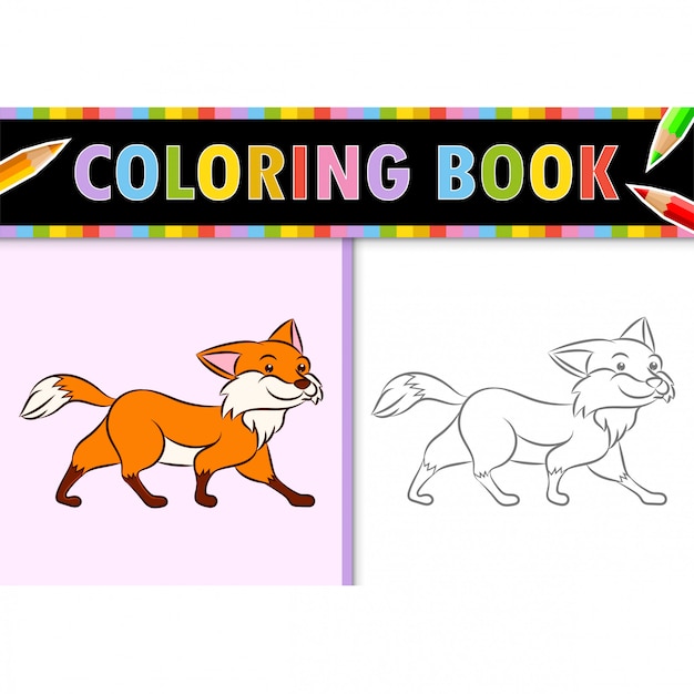 Dibujo para colorear esquema de dibujos animados fox. ilustración colorida, libro para colorear para niños.