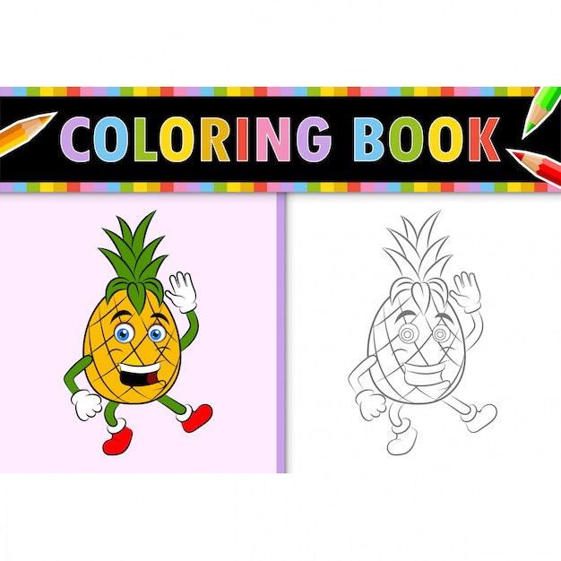 Dibujo para colorear esquema de dibujos animados de piña. ilustración colorida, libro para colorear para niños.