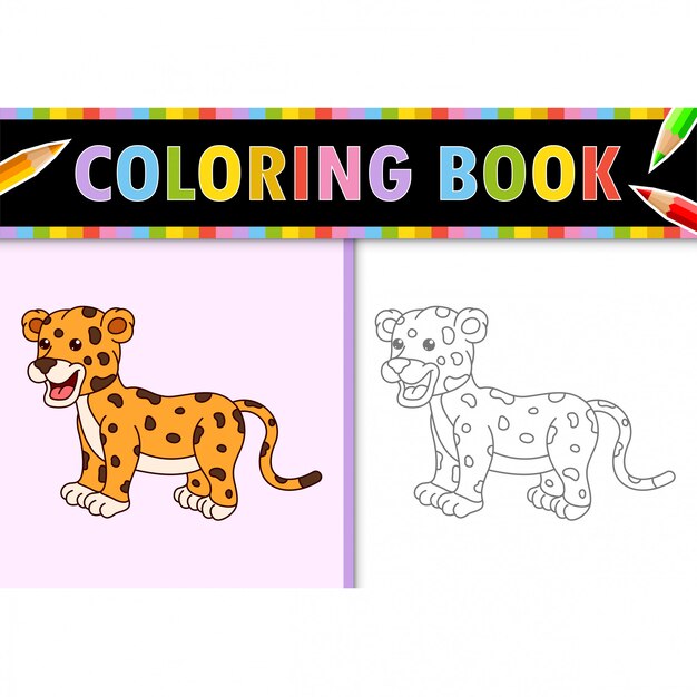 Dibujo para colorear esquema de leopardo de dibujos animados. Ilustración colorida, libro para colorear para niños.