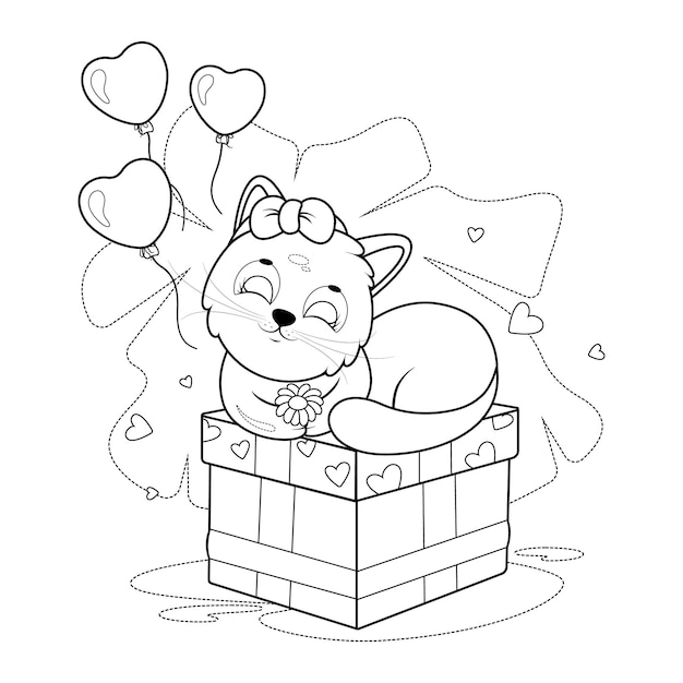 Dibujo para colorear gatito lindo con corazones de globos y un regalo