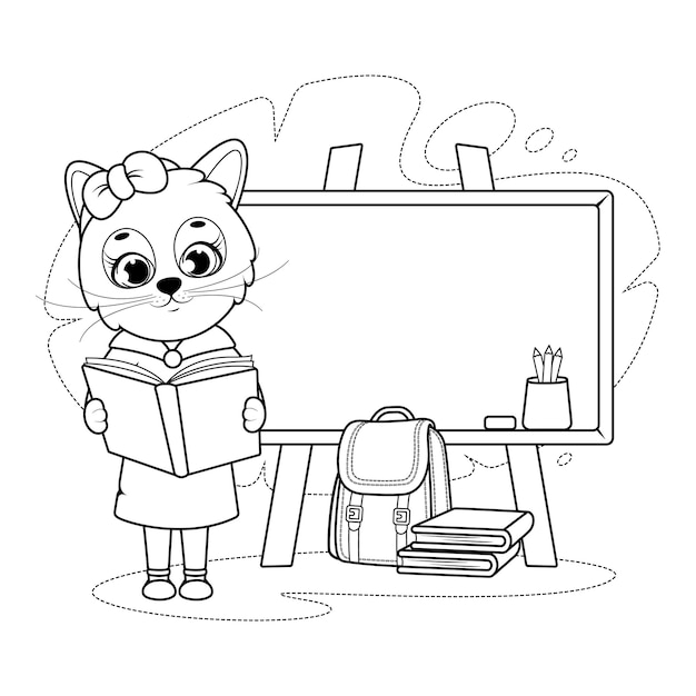 Dibujo para colorear Gatito lindo con un libro de la junta escolar maletín lápices y libros