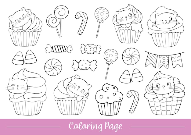 Dibujo para colorear gato cupcake en halloween | Vector Premium