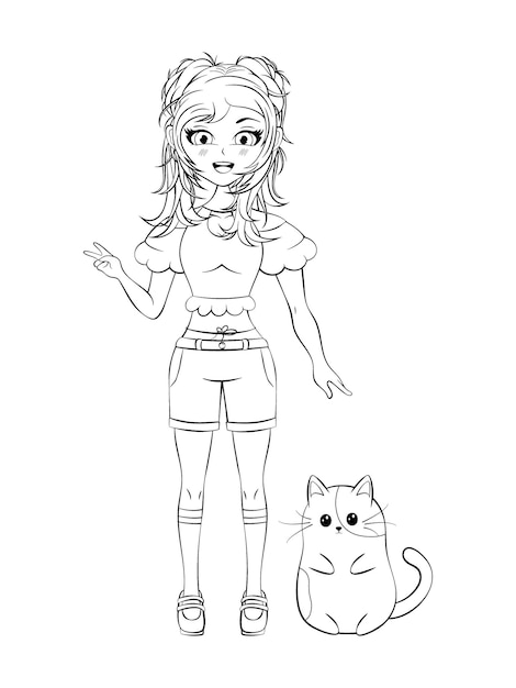 Dibujo para colorear Linda chica anime con gatito divertido