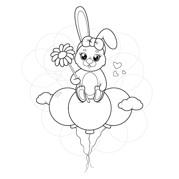 Dibujo para colorear lindo conejito de dibujos animados con una flor está volando en globos