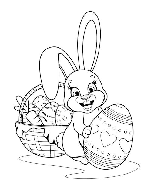 Vector dibujo para colorear lindo conejito con huevo de pascua y canasta