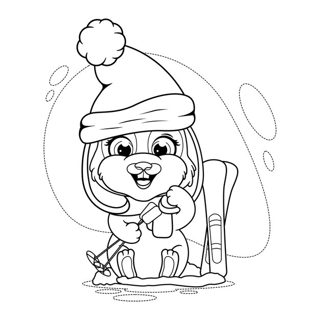 Dibujo para colorear Lindo conejito de invierno con esquís
